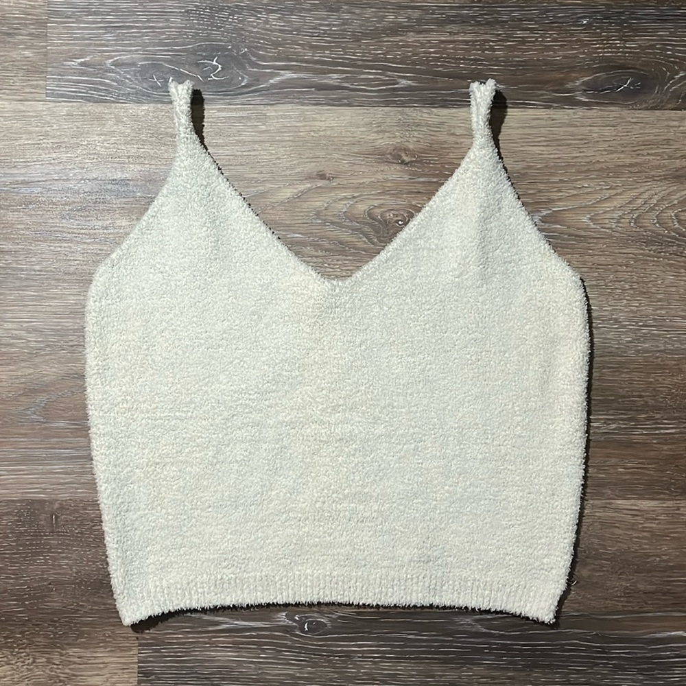 Fuzzy Cream Spaghetti Strap Terry Cloth Tank